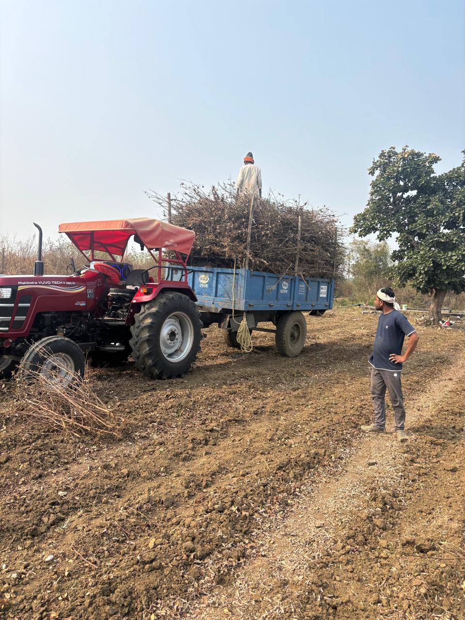 Farm workers and tractor collecting agricultural residue